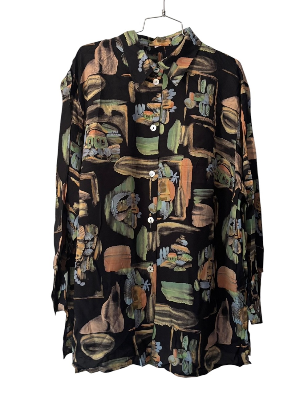 Vintage Abstract Brushstroke Button-Up Blouse W/ Black and Earth Tones US 20